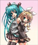  back-to-back back_to_back bad_id detached_sleeves hatsune_miku kagamine_rin kosuzume multiple_girls necktie skirt thigh-highs thighhighs vocaloid 