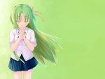  green_hair hair_ribbon hair_ribbons hands_clasped higurashi_no_naku_koro_ni kisaragi_miyu long_hair ribbon ribbons school_uniform skirt sonozaki_shion 