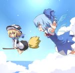  blonde_hair blue_eyes blue_hair broom broom_riding cirno cloud clouds eye_contact flying hat kirisame_marisa mamo multiple_girls ocean outstretched_arms ribbon ribbons scarf short_hair sky spread_arms touhou wings witch yellow_eyes 