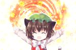  \o/ arms_up brown_hair cat_ears cat_tail chen earrings fangs flower happy hat highres jewelry o/ outstretched_arms short_hair silverms2 tail touhou 