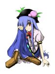 artist_request blue_hair food fruit hair_over_one_eye hat hinanawi_tenshi leaf long_hair long_skirt peach red_eyes sitting skirt solo touhou
