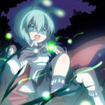  antenna bad_id cape fireflies green_eyes green_hair kitsune_choukan kitsune_udon_(artist) night short_hair solo touhou wriggle_nightbug 