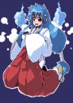  1girl blue_hair blush ghost_sweeper_mikami happy himuro_kinu japanese_clothes long_hair miko takanashi_ringo 