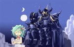  2boys blush bottle breasts cecil_harvey cleavage cow_girl cow_print cup dark_knight final_fantasy final_fantasy_iv full_armor golbeza green_hair horns kouno_hikaru milk milk_bottle moon night rydia sitting smile 