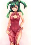  breasts china_dress chinadress chinese_clothes cleavage cleavage_cutout green_eyes green_hair hand_on_hip long_hair suoni_(deeperocean) tit_window twintails wink 