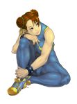  bodysuit bracelet braid brown_eyes brown_hair capcom chinese_clothes chun-li jewelry leotard ribbon ribbons shoes sitting skin_tight smile sneakers spandex street_fighter street_fighter_zero thick_thighs thighs unitard 