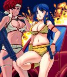  blue_hair breasts curvy dark_skin dirty_pair fire flames gun handgun headband kei_(dirty_pair) large_breasts long_hair masao midriff oldschool ray_gun red_hair redhead rifle short_hair weapon yuri_(dirty_pair) 