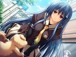  blue_hair dog dutch_angle kanzaki_moe leaning_forward long_hair red_eyes school_uniform tomose_shunsaku 