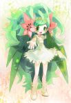  1girl costume dress flower green_eyes green_hair hair_flower hair_ornament long_hair moemon outstretched_hand personification pokemon shaymin solo very_long_hair 