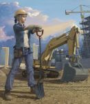  blonde_hair boots caterpillar_tracks cityscape cloud clouds construction construction_site crane evokid excavator fate/stay_night fate_(series) hammer hardhat helmet highres parody pun realistic saber shovel sky sleeves_rolled_up solo worktool 