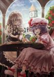  blonde_hair clock clock_tower closed_eyes fang flower hat highres hyuuga_azuri izayoi_sakuya lens_flare maid purple_hair red_eyes remilia_scarlet ribbon ribbons rose roses scarlet_devil_mansion short_hair silver_hair tea touhou tower twin_braids wrist_cuffs 