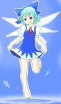  blue_eyes blue_hair cirno curtsey feet ribbon ribbons short_hair smile touhou wabi_(wbsk) wabi_tsubaki wings 
