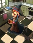  black_cat blush_stickers cat checkered checkered_floor cooking hat kitchen magician mittens orange_hair original oven oven_mittens oven_mitts pie red_eyes solo witch witch_hat yammy_(artist) yammy_(cellblo) 