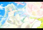  blue_eyes bouquet bouquets bride cloud clouds dress elbow_gloves flower gloves green_hair hatsune_miku jewelry necklace pearl_necklace sky tamaichi twintails vocaloid wedding_dress 