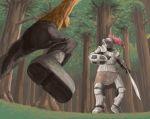  bad_id battle boots forest helmet kaba_(pixiv) knight medieval nature original shield sword tree trees weapon 