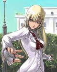  blue_eyes dress emilie_de_rochefort face fighting_stance fingerless_gloves gloves lili long_hair namco tea_(artist) tekken white_dress 