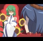  cosplay detached_sleeves flower green_hair kazami_yuuka kochiya_sanae kochiya_sanae_(cosplay) red_eyes short_hair sunflower touhou yasaka_kanako 