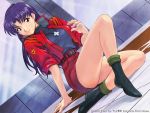  brown_eyes dutch_angle hamaya_shin'ichi hamaya_shinichi jacket katsuragi_misato long_hair neon_genesis_evangelion purple_hair shinichi_hamaya skirt sleeves_rolled_up turtleneck uniform 