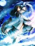  black_hair eruruw glow glowing japanese_clothes jpeg_artifacts light long_hair lowres moon night ponytail signature solo star stars tail utawareru_mono utawarerumono water yukirin 