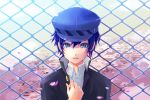  androgynous blue_eyes blue_hair bust chainlink_fence gin_(oyoyo) hat persona persona_4 petals reverse_trap shirogane_naoto short_hair solo tears 