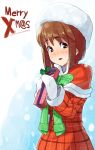  bob_cut capelet christmas fur_hat gift hagiwara_yukiho hat holding holding_gift idolmaster light_smile looking_at_viewer mittens santa_costume scarf shue shy snow solo texture 