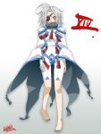  barefoot blazblue cape eyepatch feet hand_on_thigh kalno nail_polish nu-13 red_eyes shorts signature silver_hair simple_background solo v-13 white_hair 