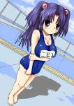  blue_eyes blue_hair breasts clannad cleavage dutch_angle hair_bobbles hair_ornament huge_breasts ichinose_kotomi kiori_nezumi long_hair one-piece_swimsuit pool poolside school_swimsuit swimsuit two_side_up 