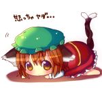 animal_ears blush brown_eyes brown_hair cat_ears cat_tail chen chibi chocolat_(momoiro_piano) ears_down hat hina_hina multiple_tails short_hair simple_background solo tail tears touhou translated translation_request 