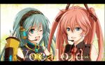  blue_eyes cosplay costume_switch crossover detached_sleeves green_eyes green_hair hatsune_miku hatsune_miku_(cosplay) headset long_hair megurine_luka megurine_luka_(cosplay) moja moja_(artist) multiple_girls necktie open_mouth pink_hair twintails very_long_hair vocaloid wink 