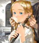  adjusting_hair blonde_hair blue_eyes child crown dagger door elf face forehead hair_ornament hands head_out_of_frame holding knife long_hair original pointy_ears portrait shadow water weapon 