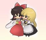  black_hair blonde_hair bow braid brown_eyes brown_hair chibi detached_sleeves hair_ribbon hair_ribbons hakurei_reimu japanese_clothes kirisame_marisa miko multiple_girls ribbon ribbons touhou yu-ki(pixiv) yu-ki_(ones_courage) 