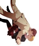  1girl beatrice blonde_hair blue_eyes couple falling formal red_hair redhead simple_background suit thigh-highs thighhighs umineko_no_naku_koro_ni ushiromiya_battler zettai_ryouiki 