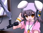  animal_ears brown_eyes bunny_ears contemporary fang hand_on_headphones hat headphones inaba_tewi jewelry microphone microphone_stand necklace noya pendant rabbit_ears radio_booth studio_microphone t-shirt touhou wristband wristbands 