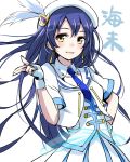  1girl blue_hair blue_necktie earrings fingerless_gloves gloves hand_on_hip hat highres jewelry long_hair love_live! love_live!_school_idol_project minato_(shouno) necktie simple_background solo sonoda_umi white_background white_gloves yellow_eyes 