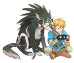  1boy :&lt; blonde_hair blue_eyes boots dual_persona handheld_game_console link link_(wolf) nintendo nintendo_switch playing_games pointy_ears reddverse sitting the_legend_of_zelda the_legend_of_zelda:_breath_of_the_wild the_legend_of_zelda:_twilight_princess wolf 
