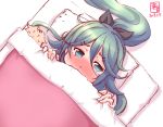  1girl blush commentary covering_mouth futon green_eyes green_hair hair_ornament hair_ribbon hairclip kanon_(kurogane_knights) kantai_collection long_hair looking_at_viewer pillow ponytail ribbon sketch tears the_yuudachi-like_creature yamakaze_(kantai_collection) 