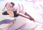  1girl armpits bare_shoulders black_gloves blue_eyes blush breasts doraf dress from_side gloves granblue_fantasy hair_ornament hair_over_one_eye holding holding_weapon horns large_breasts lavender_hair long_hair looking_at_viewer looking_to_the_side narumeia_(granblue_fantasy) opanchu_(pixiv259683) open_mouth side_slit sideboob solo thigh_strap weapon white_dress 