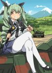  1girl anchovy bangs black_necktie black_ribbon black_shoes black_skirt blush camouflage cape clouds cloudy_sky commentary day dress_shirt drill_hair full_body girls_und_panzer green_hair grin ground_vehicle hair_ribbon high_heels highres holding legs_crossed long_hair long_sleeves looking_at_viewer military military_vehicle miniskirt motor_vehicle mountain necktie outdoors panties panties_under_pantyhose pantyhose pleated_skirt red_eyes ribbon riding_crop school_uniform shirt shoes sitting skirt sky smile solo tak_(788507) tank thighband_pantyhose twin_drills twintails underwear vehicle_request white_legwear white_shirt 