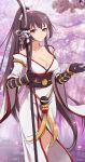  1girl alternate_costume breasts brown_hair cherry_blossoms cleavage collarbone gauntlets highres japanese_clothes kantai_collection kisetsu long_hair naginata petals polearm ponytail sarashi smile solo very_long_hair weapon yamato_(kantai_collection) 