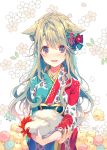  1girl 2017 animal animal_ears bird blonde_hair blue_kimono blush camellia_(flower) cherry_blossoms chick chicken commentary_request floral_background flower hair_flower hair_ornament holding holding_animal japanese_clothes kimono leaf_print long_hair multicolored multicolored_clothes multicolored_kimono new_year obi open_mouth original red_eyes red_flower red_kimono reia rooster sash solo year_of_the_rooster 