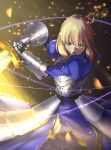  1girl ahoge armor armored_dress artist_request battle blonde_hair blue_dress commentary_request dress excalibur fate/stay_night fate_(series) faulds gauntlets glint glowing glowing_sword glowing_weapon green_eyes holding holding_sword holding_weapon light_particles looking_at_viewer night saber_(fate) short_hair solo sword weapon 