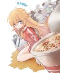  /\/\/\ 1girl :t barefoot blonde_hair blush chopsticks closed_mouth computer cup_noodles dutch_angle eyebrows_visible_through_hair food from_behind gabriel_dropout hair_between_eyes hc2002 jacket kamaboko laptop long_hair long_sleeves looking_back messy_hair mouth_hold narutomaki noodles on_floor ramen sitting solo sparkle tenma_gabriel_white track_jacket very_long_hair violet_eyes white_background wooden_floor 