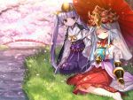  2girls amaterasu_(p&amp;d) androgynous blue_hair cherry_blossoms closed_eyes emia_(castilla) grass hair_ornament hakama japanese_clothes long_hair multiple_girls petals petals_on_water purple_hair puzzle_&amp;_dragons sitting sleeping twintails umbrella vambraces veil violet_eyes yomi_(p&amp;d) 