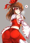  1girl :q ass bangs bare_shoulders bent_over blush bow brown_hair commentary_request cowboy_shot detached_sleeves from_behind hair_bow hair_tubes hakurei_reimu heart highres long_hair long_sleeves looking_at_viewer looking_back nose_blush red_bow red_eyes red_shirt red_skirt ribbon-trimmed_sleeves ribbon_trim sameya shirt sidelocks skirt skirt_set sleeveless sleeveless_shirt solo spoken_heart tongue tongue_out touhou wide_sleeves 