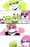  2boys 4girls baseball_cap blush cellphone commentary_request domino_mask drooling fangs female_inkling female_pervert glasses green_eyes green_hair hat heart heart-shaped_pupils inkling male_inkling mask multiple_boys multiple_girls nana_(raiupika) pervert phone pink_eyes pink_hair sparkle splatoon symbol-shaped_pupils tentacle_hair 