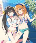  &gt;:o 2girls :d :o bikini bikini_skirt black_hair blush breasts cleavage frilled_bikini frills grey_eyes hair_ribbon headband idolmaster idolmaster_cinderella_girls long_hair looking_at_viewer matoba_risa multiple_girls navel open_mouth orange_hair outdoors ribbon riku_(melty_drop) sandals shoes side-tie_bikini small_breasts smile sneakers swimsuit twintails very_long_hair yellow_eyes yuuki_haru 