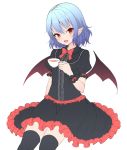  1girl :d alternate_color bangs bat_wings black_legwear black_shirt black_skirt blue_hair blush bow bowtie cup fang frilled_shirt frilled_shirt_collar frilled_skirt frills holding holding_cup junior27016 looking_at_viewer open_mouth pointy_ears puffy_short_sleeves puffy_sleeves red_bow red_bowtie red_eyes remilia_scarlet shirt short_hair short_sleeves skirt skirt_set smile solo tea teacup thigh-highs touhou tsurime white_background wings wrist_cuffs zettai_ryouiki 