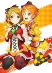  2girls :d blush bow brown_hair copyright_name cropped_jacket earrings green_eyes hair_bow hair_ribbon highres hoshizora_rin jewelry koizumi_hanayo lace-up_top long_sleeves looking_at_viewer love_live! love_live!_school_idol_project mismatched_legwear multiple_girls neck_ribbon necktie open_mouth orange_hair ribbon shirabi_(life-is-free) short_hair simple_background skirt smile sunny_day_song thigh-highs violet_eyes 