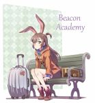  1girl animal_ears bench brown_eyes brown_hair bunny_girl commentary iesupa jacket little_witch_academia long_hair luggage rabbit_ears rwby short_ponytail solo thighs velvet_scarlatina 