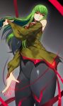  1girl bare_shoulders breasts brown_eyes c.c. cleavage code_geass creayus green_hair long_hair looking_at_viewer nail_polish red_nails solo 